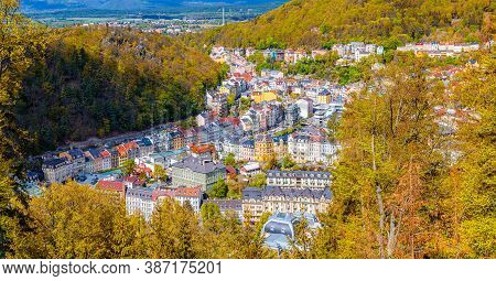 Karlovy Vary City Aerial Panoramic View With Colorful Multicolored Buildings And Spa Hotels In Histo