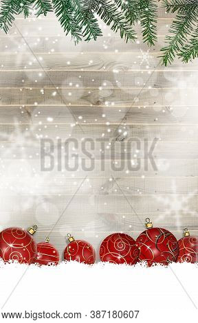 Christmas Background With Fir Tree, Realistic Red Balls, Snowflakes On Photo Of Wooden Board. Place 