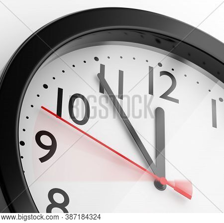 Five Minutes To Twelve: Midnight Or Noon. Black Plastic Office Clock On White Wall. 3d Illustration