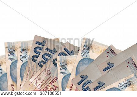 100 Turkish Liras Bills Lies On Bottom Side Of Screen Isolated On White Background With Copy Space. 