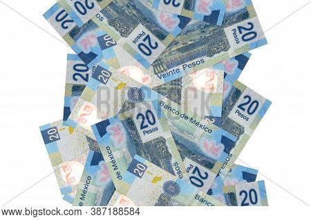 20 Mexican Pesos Bills Flying Down Isolated On White. Many Banknotes Falling With White Copyspace On