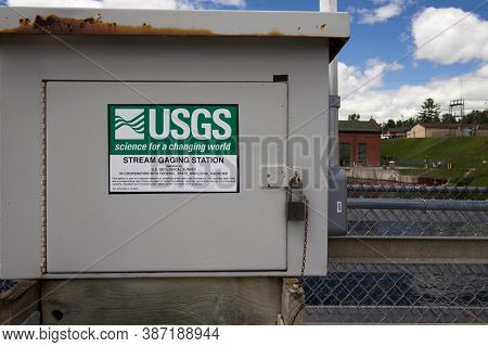 Oscoda, Michigan, Usa - July 20, 2020: Water Level Gauge At The Cooke Dam On The Au Sable River In M