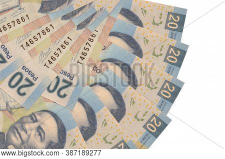 20 Mexican Pesos Bills Lies Isolated On White Background With Copy Space Stacked In Fan Shape Close 