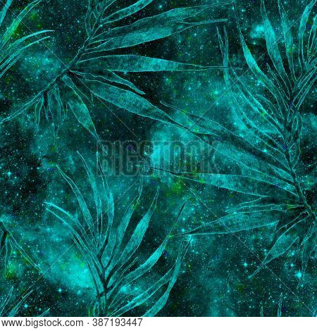 Exotic Seamless Pattern. Turquoise Cosmic Background. Fashion Hand Drawn Texture. Exotic Seamless Pa