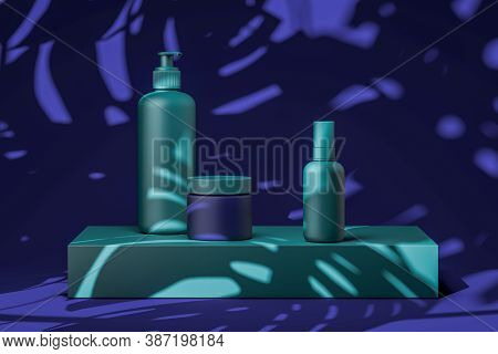 Green Matte Bottles On Volet Background With Shadows Of Exotic Plants. Blank Template Of Beauty Prod