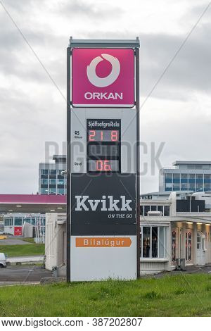 Reykjavik, Iceland - June 19, 2020: Electric Price Board On Orkan Gas Station.