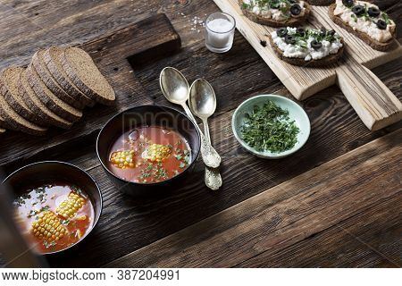 Vegetarian Dining Table, Soup, Vegetarian Bruschetta, Tapas, Pintxos Sandwiches With Cheese Filling