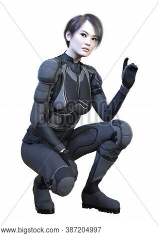3D Rendering Female Sceince Fiction Warrior On White
