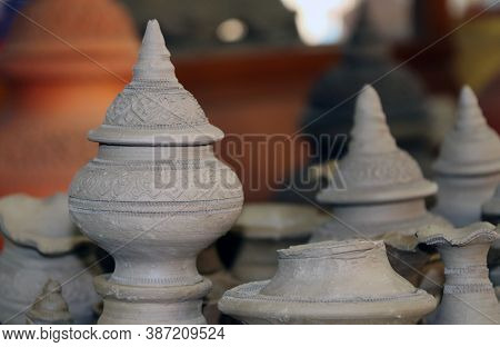 Small Raw Pottery Before Burn In The Kiln, At Kret Island In Nonthaburi Thailand.