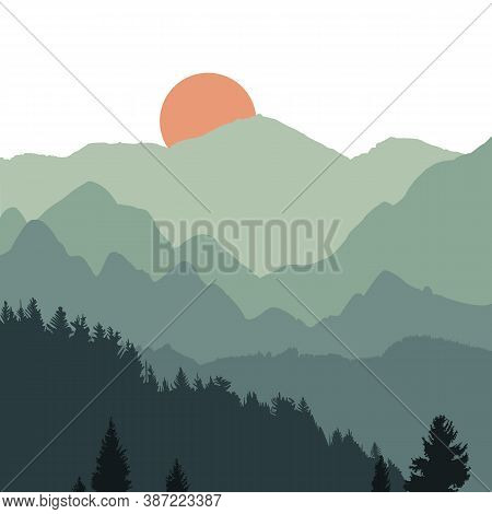 Sunset Scene In Nature With Mountains And Forest, Silhouettes Of Trees And Hills In The Evening. Vec