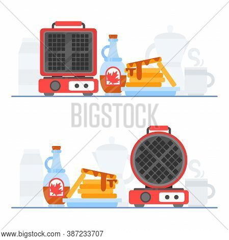Set Of Waffle Iron Makers Circle And Square Shapes. Homemade Breakfast: Dessert With Maple Syrup, Te