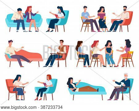Group Therapy. Men And Women Talking To Psychotherapist Or Psychologist. Psychoanalysis And Family P
