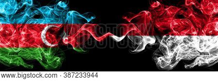 Azerbaijan, Azerbaijani Vs Monaco, Monacan Smoky Mystic Flags Placed Side By Side. Thick Colored Sil