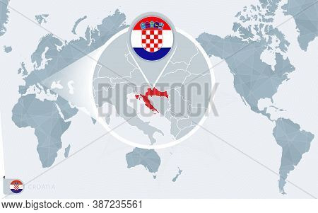 Pacific Centered World Map With Magnified Croatia. Flag And Map Of Croatia On Asia In Center World M