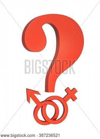Choice sex. Question - gender choice concept. Red question mark with male and female symbols. Isolated on white background. 3d render