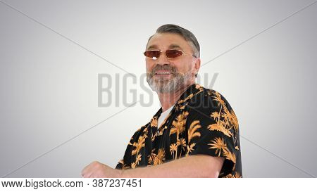 Cool Grandfather In Sunglasses Dancing In A Funny Way On Gradien