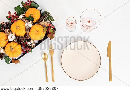Template Of Thanksgivinig Table Decoration With Mock Up Of Menu. Festive Autumn, Fall Dinner With Ce