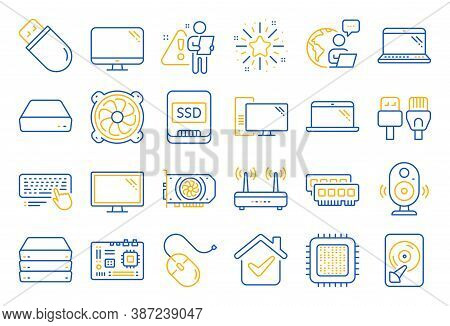 Computer Components, Laptop, Ssd Line Icons. Motherboard, Cpu, Internet Cables Icons. Wifi Router, C