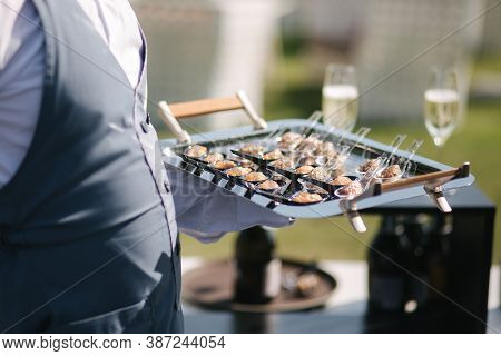 Waiter Hold Tray With Portioned Tartare Of Beef And Samlon. Snack Outdoors In Sunset