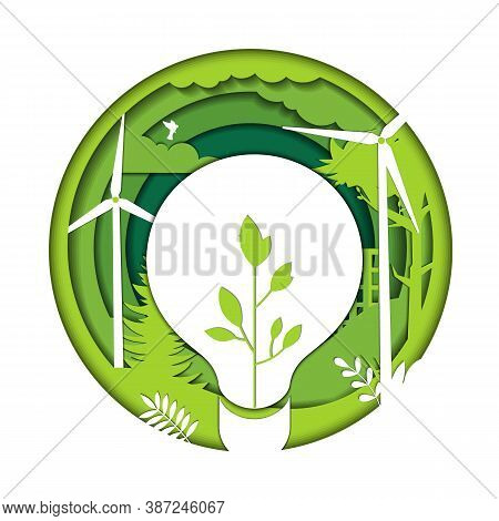 Green Energy Concept. Isolated Round Logo On White Background With Nature, Wind Turbines That Conver