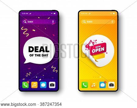Now Open Banner. Phone Mockup Vector Confetti Banner. Announcement Notice Tag. Megaphone Message Ico