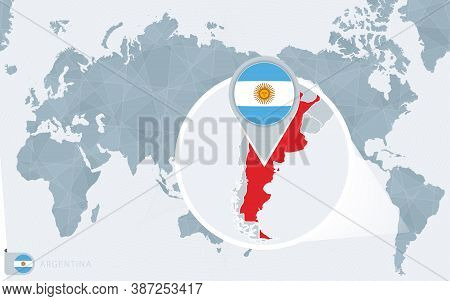 Pacific Centered World Map With Magnified Argentina. Flag And Map Of Argentina On Asia In Center Wor