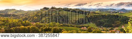 Vineyards Panorama In South Styria, Beginning Of Autumn. Austria Tuscany Like Spot.