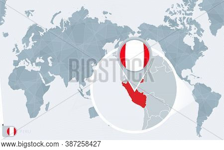 Pacific Centered World Map With Magnified Peru. Flag And Map Of Peru On Asia In Center World Map.