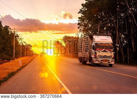 Pattalung, Thailand - August 29, 2020 : Truck On Road With Colorful Of Sunset Or Sunrise In Twilight