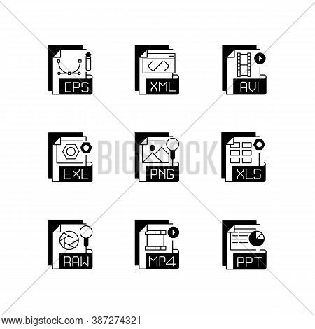 File Formats Black Linear Icons Set. Different Types. Vector Image, Spreadsheet, Video, Executable, 
