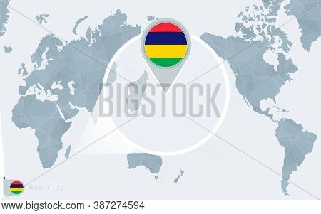 Pacific Centered World Map With Magnified Mauritius. Flag And Map Of Mauritius On Asia In Center Wor