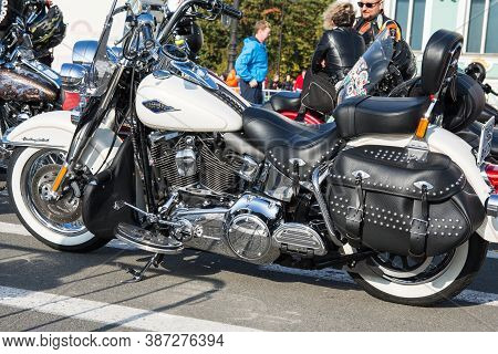 St Petersburg, Russia-september 26, 2020: White Harley-davidson Motorcycle With Riveted Leather Sadd