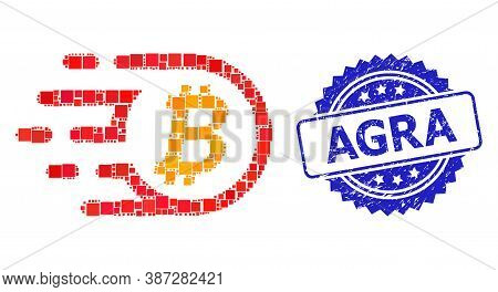 Vector Collage Bitcoin, And Agra Textured Rosette Stamp Seal. Blue Stamp Contains Agra Tag Inside Ro