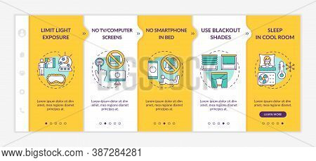 Sleep Improvement Onboarding Vector Template. No Smartphone In Bed. Blackout Curtains. Cool Room. Re