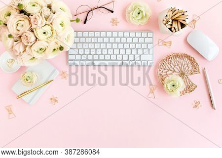 Stylized, Pink Womens Home Office Desk. Workspace With Computer, Bouquet Ranunculus And Roses, Clipb