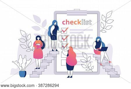 Woman With Checklist On Paper Sheet Vector Illustration. Shopping List. Template For Product Purchas