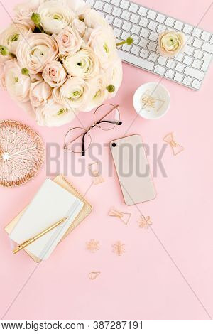 Stylized, Pink Womens Home Office Desk. Workspace With Computer, Bouquet Ranunculus And Roses, Phone