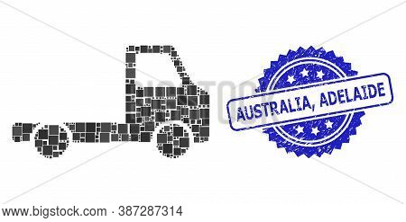 Vector Collage Delivery Car Chassi, And Australia, Adelaide Dirty Rosette Seal Print. Blue Stamp Sea