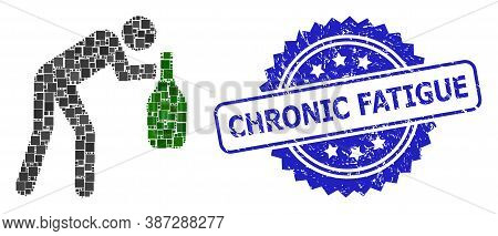 Vector Collage Drunky Man, And Chronic Fatigue Textured Rosette Stamp. Blue Stamp Includes Chronic F