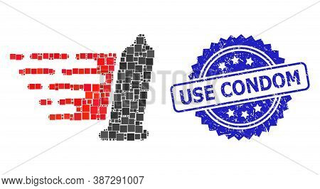 Vector Collage Condom, And Use Condom Unclean Rosette Stamp Seal. Blue Stamp Seal Contains Use Condo