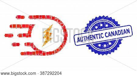 Vector Collage Electric Participle, And Authentic Canadian Dirty Rosette Seal. Blue Seal Contains Au