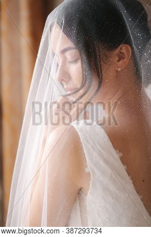 Bride On The Veil Stand By The Window And Wait For The Goom