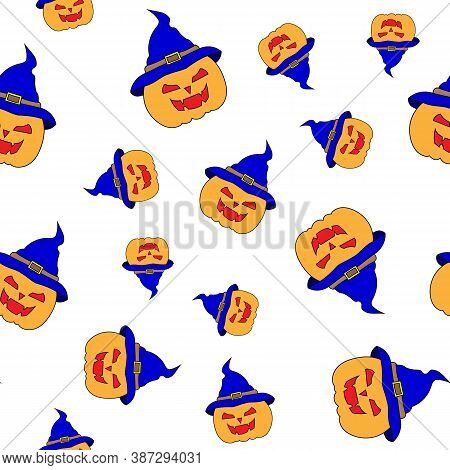 Seamless Pattern, A Pumpkin In A Hat On A White Background, For The Halloween Holiday. Vector Illust