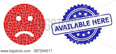 Vector Collage Sad Smiley, And Available Here Grunge Rosette Stamp Seal. Blue Stamp Seal Contains Av