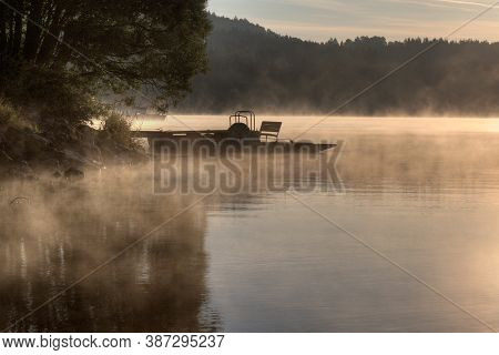 Sunrise Over The Lake In Fog, Pier And Pedal Boat, Summer Morning, Forest In The Background, Predni 
