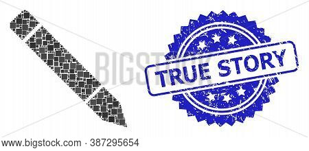 Vector Mosaic Pencil, And True Story Corroded Rosette Seal Imitation. Blue Seal Includes True Story 