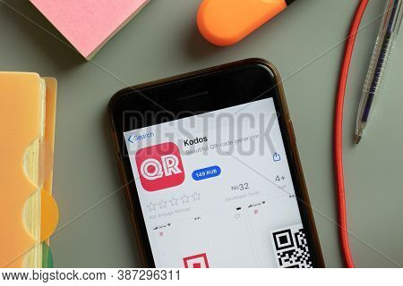 New York, Usa - 29 September 2020: Kodos Mobile App Logo On Phone Screen Close Up, Illustrative Edit