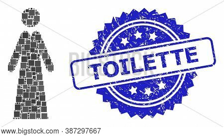 Vector Mosaic Lady, And Toilette Scratched Rosette Stamp. Blue Stamp Contains Toilette Caption Insid