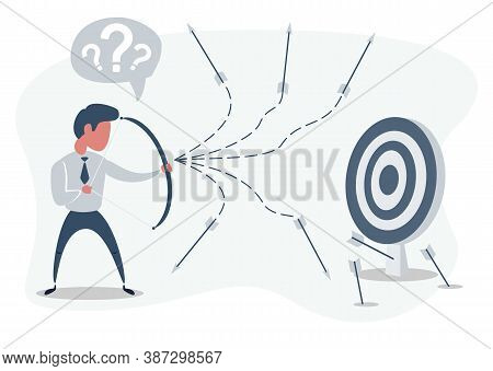 Man Or Businessman Shooting Arrow At Target With Bow And Missing. Business Concept Of Failure. Stock