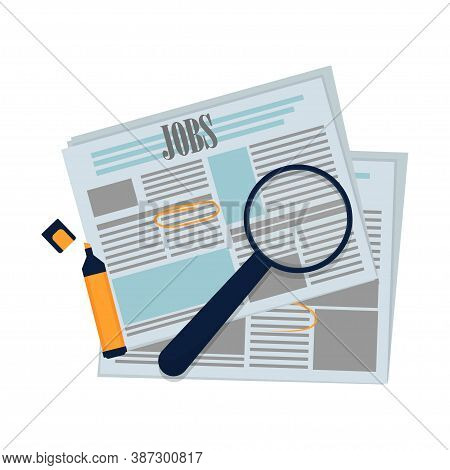Newspaper For Hiring, Employment With Magnifier And Marker Isolated On White Background Stock Vector